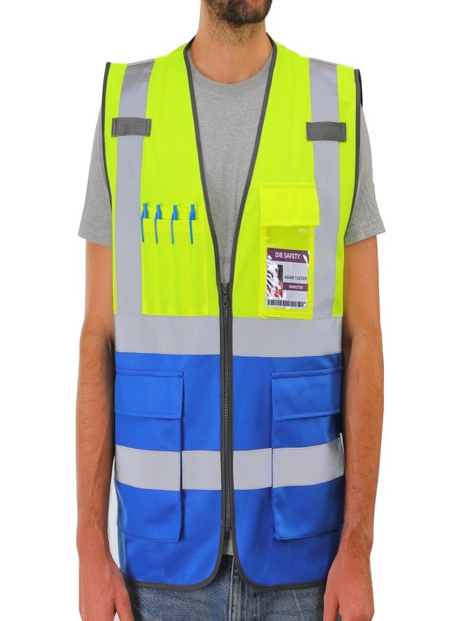 Dib Safety Reflective Vest High Visibility with Pockets and Zipper, Yellow and Blue S - Image 1